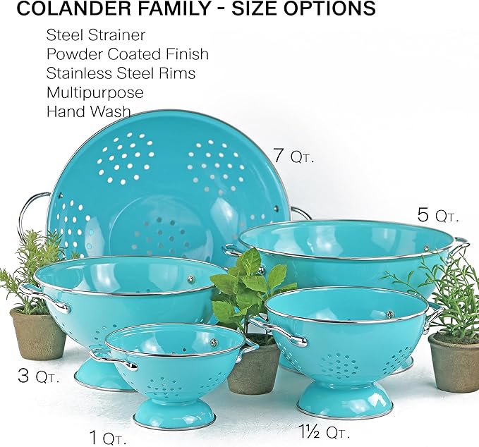Reston Lloyd, 1 Quart Powder Coated Steel Kitchen Strainer Basket for draining Pasta, Vegetable and Fruit, Chrome Handles and Wide Stable Base, Aqua-Blue