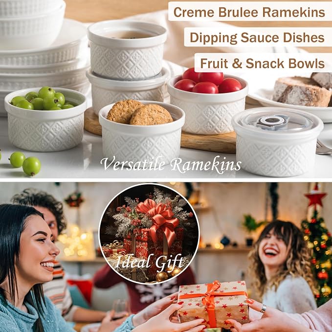 9 oz Ramekins with Lids, Creme Brulee Ramekins Oven Safe, Small Ceramic Serving Bowls Dessert Bowls, White Custard Cups for Baking, Dipping Sauce Cups, Pinch Bowls Ideal for Gifts, Set of 4