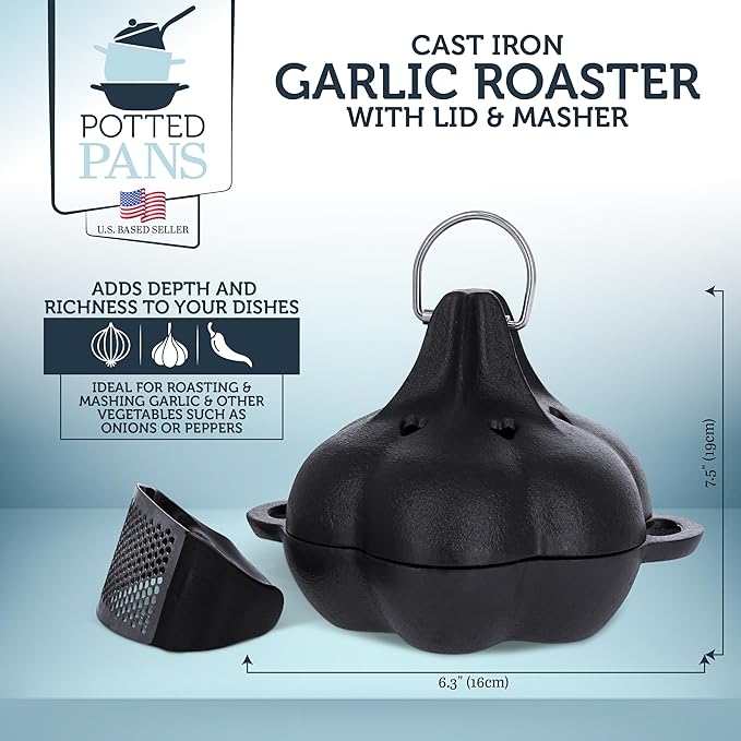 Potted Pans Garlic Roster, Pre-Seasoned Cast Iron Garlic Roaster and Garlic Press, Heavy Duty Garlic Roaster with Lid, Garlic Baker Garlic Cooker for Oven, Grill, Stove, BBQ