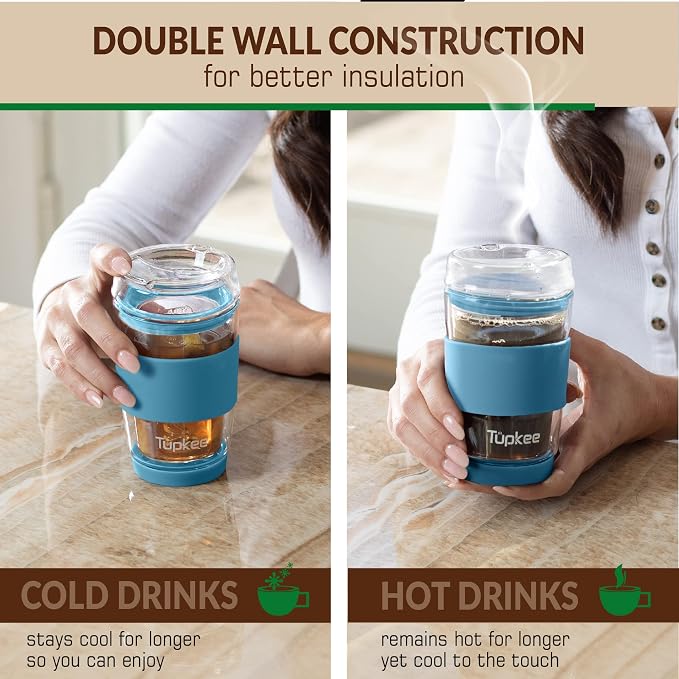 Double Wall Glass Tumbler - 8-Ounce, All Glass Hand Blown Reusable Insulated Tea/Coffee Mug & Lid, Travel Mug - Niagara
