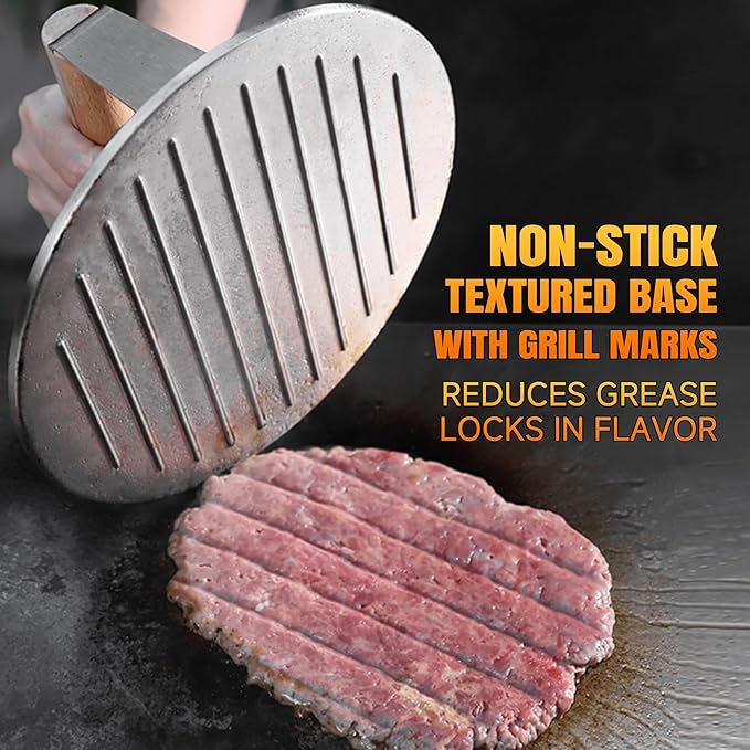 Professional-Grade 8.5-Inch Extra-Large Burger Press – Heavy Duty Stainless Steel Wooden Handle 3.65 lbs Easy to Clean for Hamburger Patties Bacon & Sandwiches Premium Grilling Tool