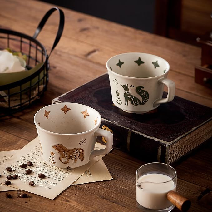12oz Vintage Ceramic Coffee Mug Set of 4 - Handmade Stoneware Pottery Countryside Farmhouse Fall Autumn Tea Mugs with Big Handle for Latte,Cocoa,Dishwasher & Microwave Safe Cups (Animals)