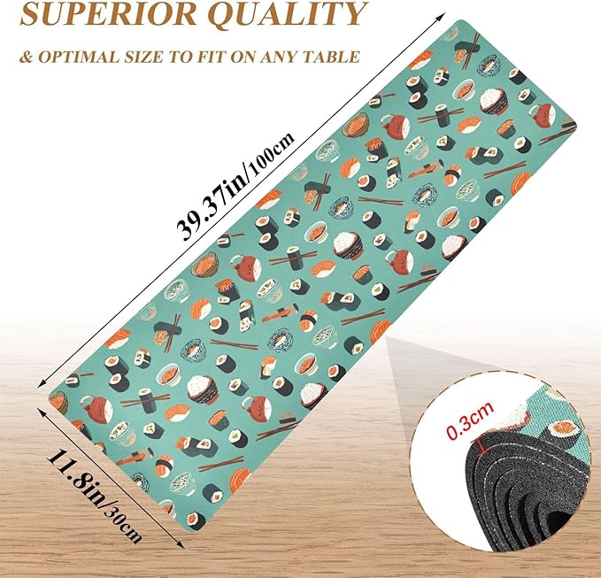 2-in-1 Table Runner Trivet for Hot Dishes Heat Resistant Hot Plate Mat Pad 39x12 Inch Waterproof Table Protector Trivets for Countertop Non Slip Decorative Teal Sushi