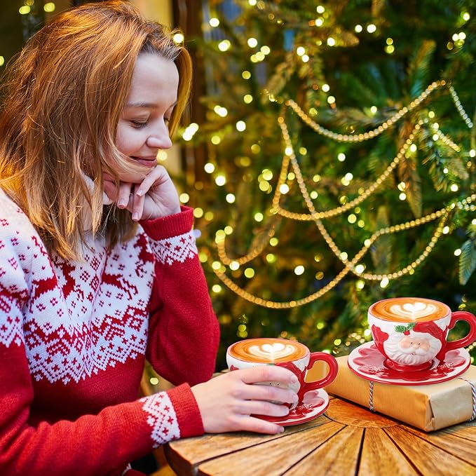 Sieral 6 Sets Christmas Santa Cups and Saucers Ceramic Beverage Drinking Mugs Red Espresso Santa Christmas Coffee Mugs for Cafe Tea Kitchen Holiday Decorations(Snowflake Style)