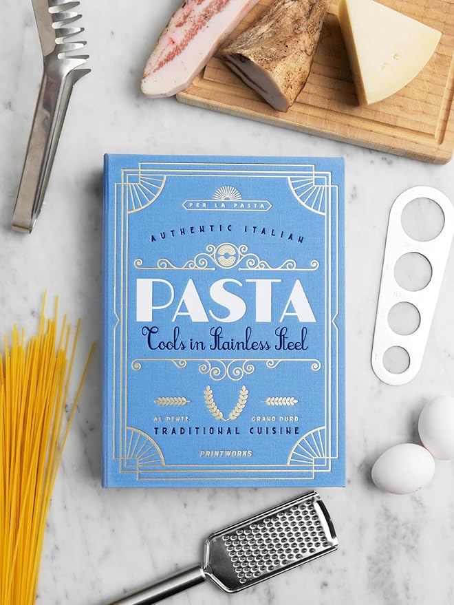 Printworks The Essentials, Pasta Tools – Pasta Kit with Spaghetti Tong, Spaghetti Measurer & Grater in Bright Blue Book-Style Case