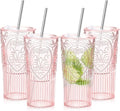 4 Set 20oz Vintage Plastic Tumbler with Lids and Straws Ribbed Floral Drinking Glasses Reusable Iced Coffee Cups for Water Juice Smoothie Cocktail Travel Party Events Gift (Pink)