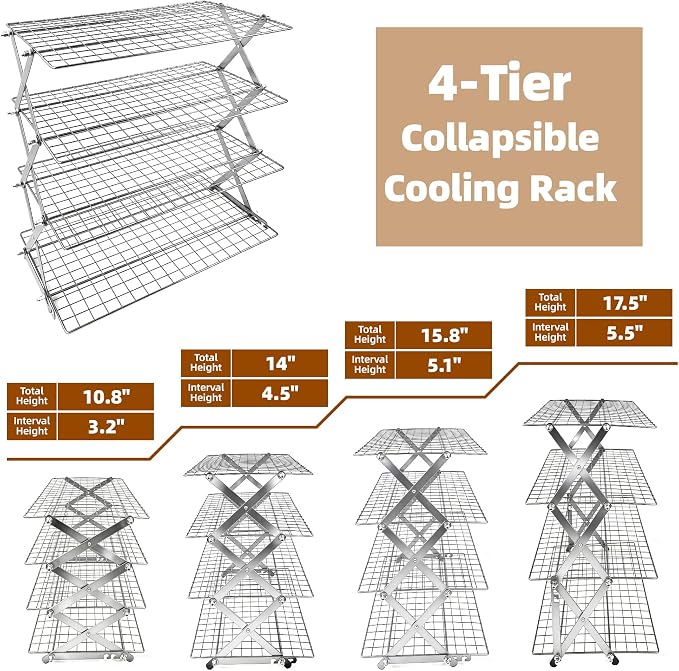 4 Tier Collapsible Cooling Rack with Adjustable 6 Setting Design stackable wire rack for baking sheet for Cookies Baking Gifts for Women (Silver, 4-Tier)