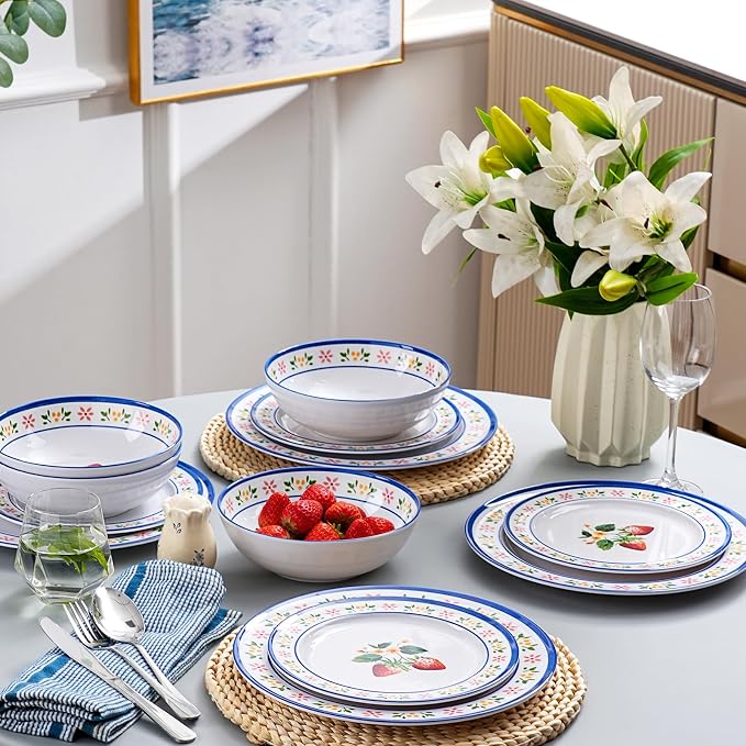 12-Piece Melamine Dinnerware Set - Unbreakable Dish Set， Indoor and Outdoor Plates and Bowls Sets for Perfect for Picnics, Camping, RV, and Beach Parties， Service for 4（Strawberry）