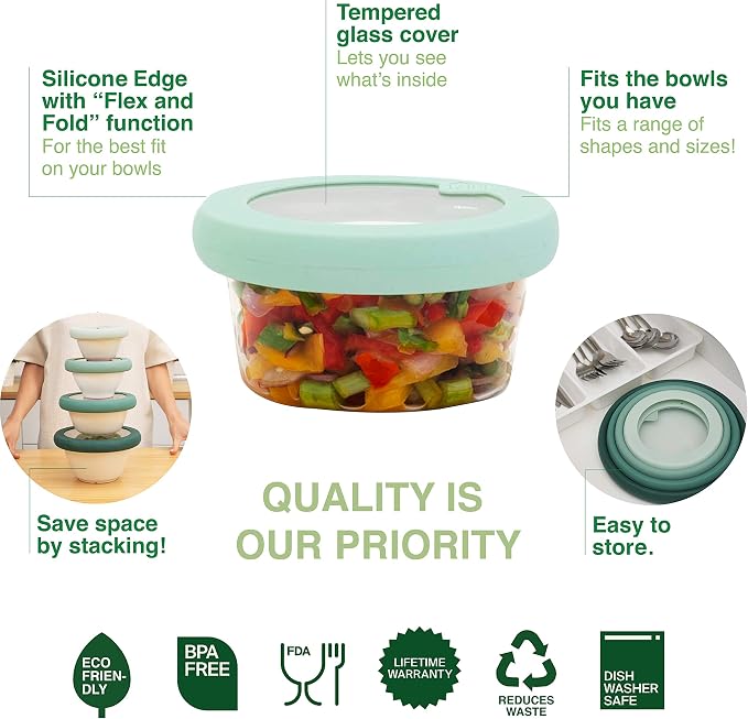 Food Huggers Replacement Lids for Glass Storage Containers | Silicone & Glass Lids that Don’t Crack | Fits Round Container Brands & Bowls | 100% Plastic Free | 3 Lid Set (XS,S,M), Gradual Green