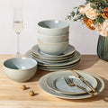 TheTerra Stoneware Dinnerware Sets for 4, 12 Pieces Ceramic Plates and Bowls Sets, Scratch Resistant Embossed Dish Set, Oven, Microwave & Dishwasher Safe, Desert Sage