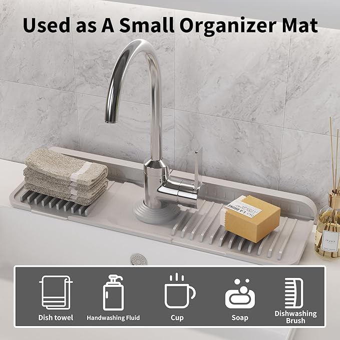 WAFT YEARN 17X5 Inch Silicone Durable Faucet Mat Kitchen Sink Splash Guard Draining Protector Tray Liner Absorbent Protective Counter Accessories For Sink Kitchen Bathroom Laundry Room Bar & RV Grey