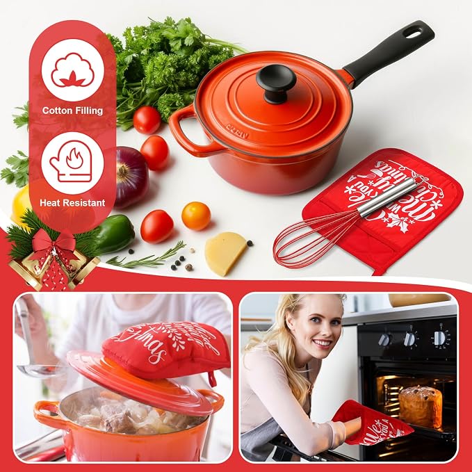 LemonRoad 12 Sets Christmas Whisk Baking Gift Set Xmas Silicone Whisks Oven Mitt Pot Holder Greeting Cards Ribbon Bags for Holiday Kitchen Utensils Cooking Supplies Neighbor Gift(Classic,Red)