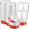 Tessco for you 100 Pcs Disposable Ramekins with Lids 8 oz Creme Brulee Ramekin Aluminum Foil Cup Cupcake Liner Baking Valentines Disposable Muffin Tin Pan Cheesecake Container (Red,Silver)