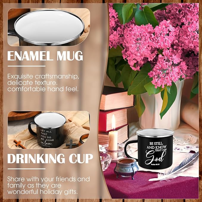 Mifoci Christian Enamel Mugs Gifts Inspirational Coffee Mugs with Handle Bible Verse Religious Camping Cups Church Party Favors for Church Clergy Pastor Men(Black,12 Pcs)