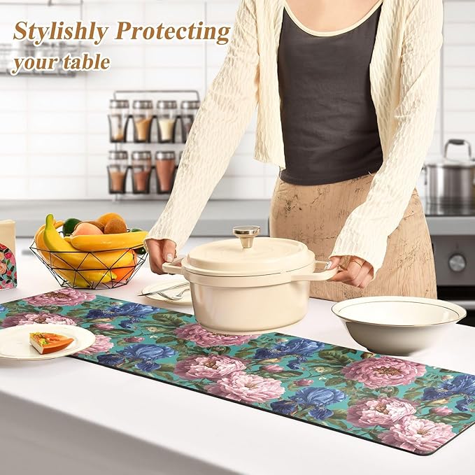 2-in-1 Table Runner Trivet for Hot Dishes Heat Resistant Hot Plate Mat Pad 39x12 Inch Waterproof Table Protector Trivets for Countertop Non Slip Decorative Turquoise Peonies and Irises