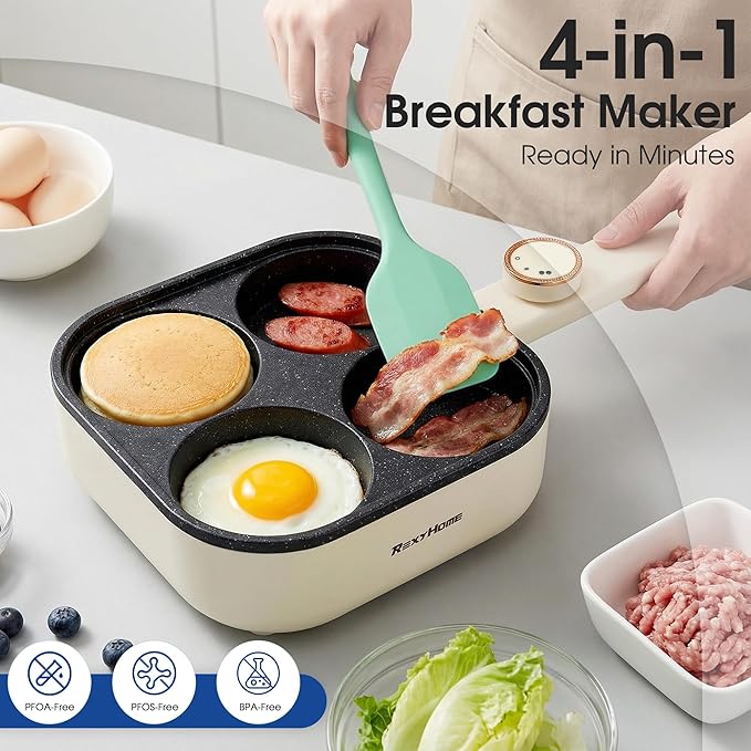 Electric Egg Pan Nonstick: No Stove Needed 900W Granite 4-Cup Omelette Pan with 2 Power Adjustable, Breakfast Non Stick Frying Pans Skillet for Eggs, Pancakes, Crepes, Plett and More