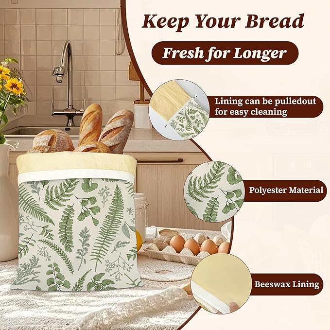 Bread Bags for Homemade Bread, Herbs Eucalyptus Leaves Botanical 2 Pack Linen and Beeswax Sourdough Storage Bags, Reusable Keeper, Keeps Breads Fresh Longer, Gifts for Bakers