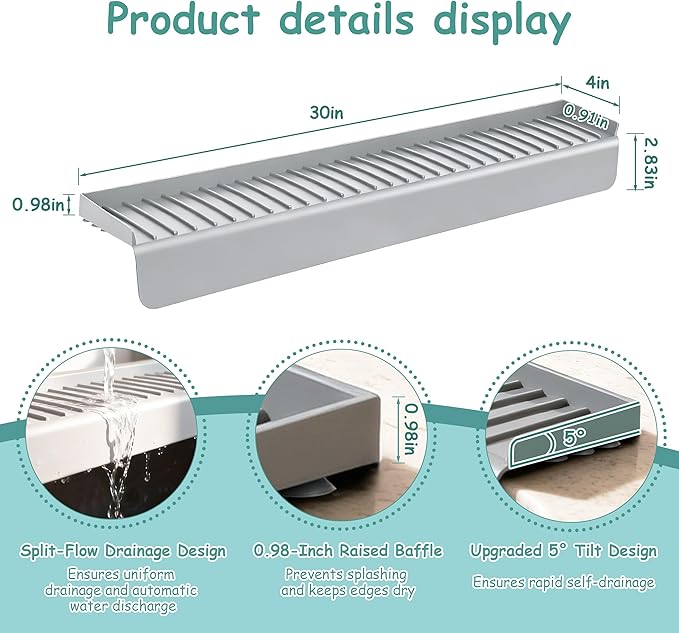 Silicone Sink Edge Protector Splash Guard, 30x4 Inch with Suction Cups & 5°Tilt, Cuttable for Kitchen Bathroom Countertops, Granite Quartz Surfaces (Gray)