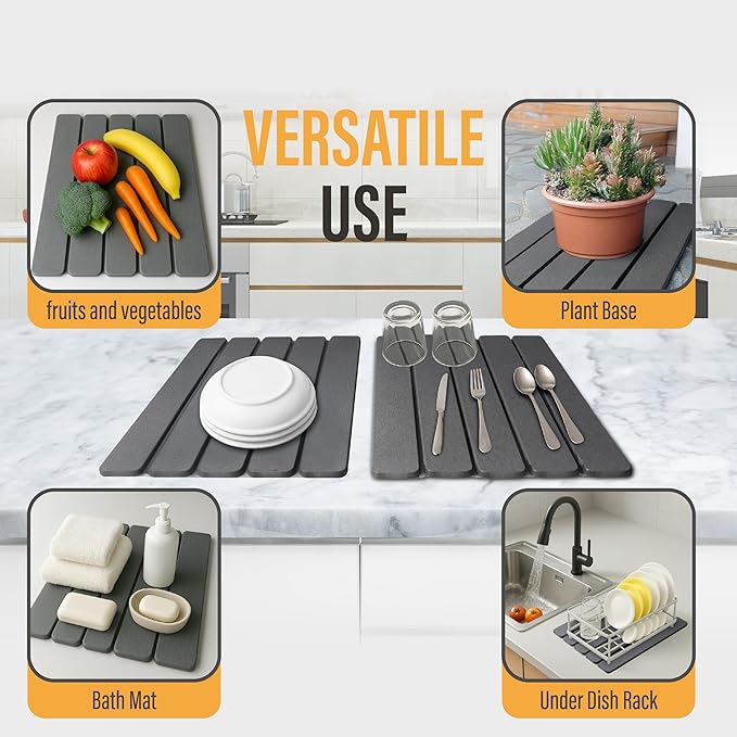 Large Foldable Stone Dish Drying Mat – Diatomaceous Earth, 12"x16" Each or 24"x16" Combined – Fast Dry, Anti-Slip Pad, Sanding Tool & Instruction Manual for Kitchen, Bathroom or RV (2-Pack)