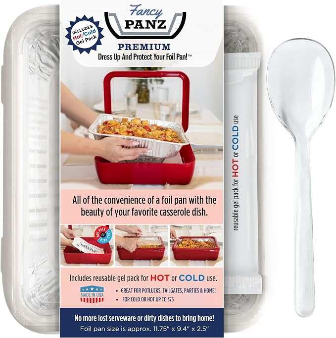 Fancy Panz White Premium Aluminum Foil Pan Carrier with Secure Latch Lid & Hot/Cold Gel Pack - Made in USA Reusable Casserole Carrier for Half Size Pans - Food Transport Holder for Entertaining