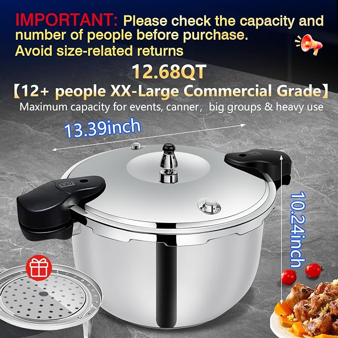12.68QT Stainless Steel Pressure Cooker, Heavy Duty Food Grade Pressure Canner with Safety Valve & Heat-Resistant Handle, Compatible with All Stovetops for Home Cooking & Canning