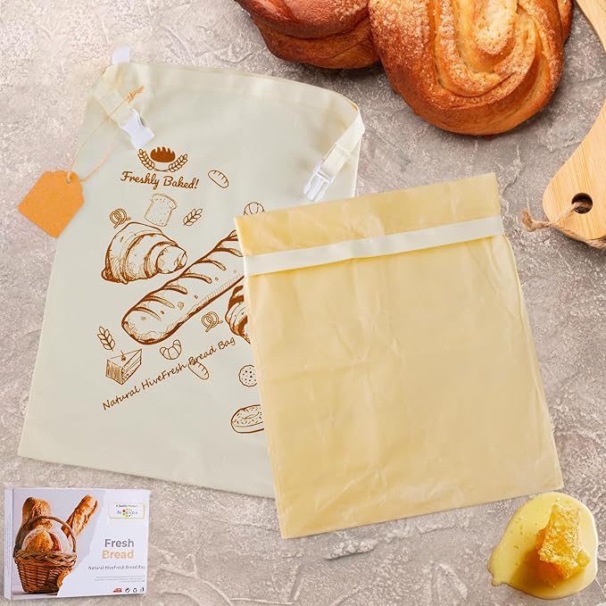 2 Pack Beeswax Bread Bags for Sourdough - Reusable Washable Cotton with Removable Wax Liner, Proofing Cover & DIY Writable Labels, Plastic Free Eco-Friendly Camping Ready (17x13 Inch)