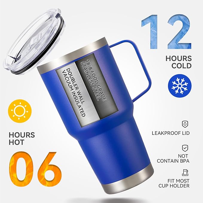 30 oz Tumbler with Handle and Lid, Stainless Steel Tumblers Bulk Double Wall Vacuum Insulated Travel Mug Leak Proof Cup Keep Drinks Cold and Hot Blue, 4 Pack