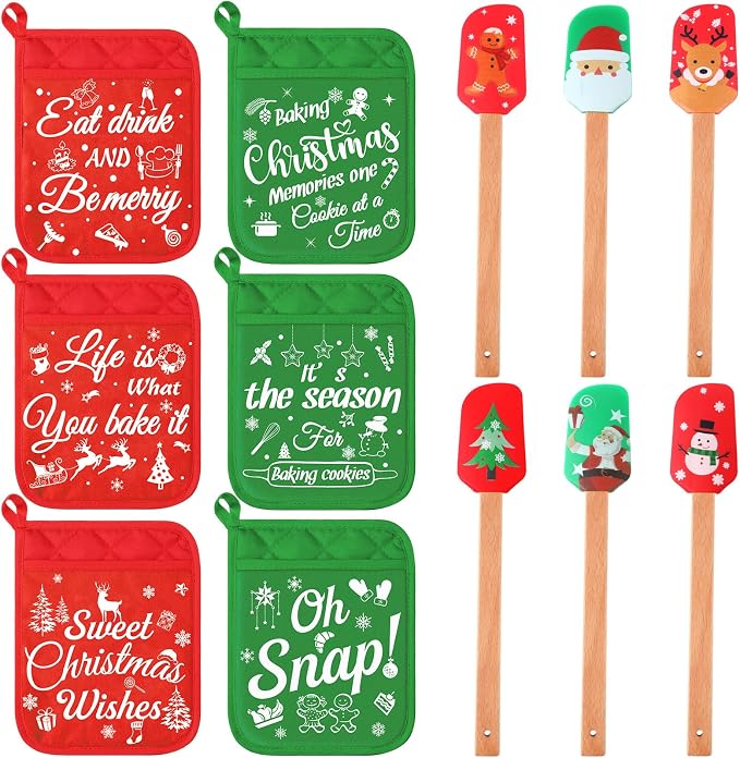 Yaomiao 12 Pcs Christmas Pot Holders with Silicone Spatula Set Wooden Handles Pot Holders for Christmas Kitchen Utensils xmas Baking Gifts for Neighbor Cooking Essentials(Cute)