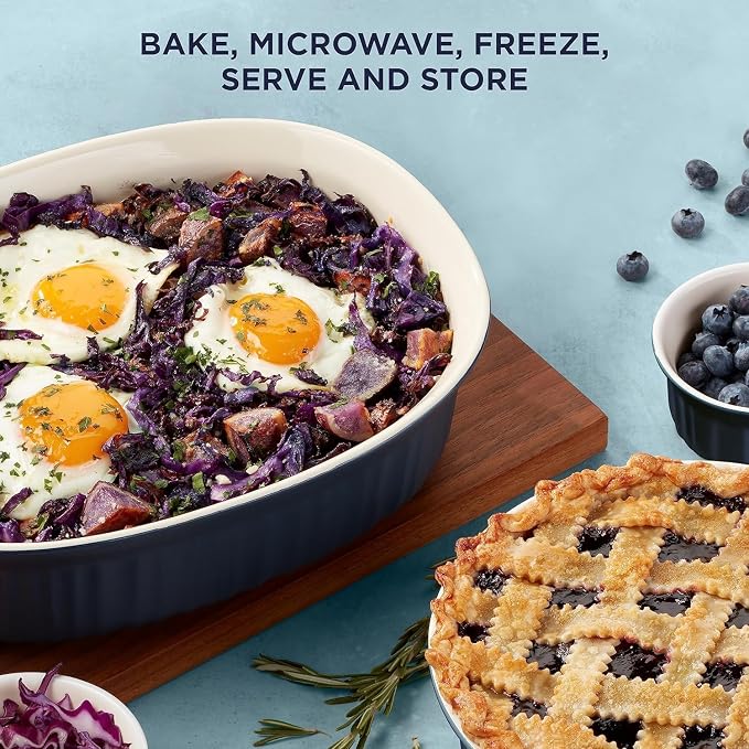 CorningWare Ceramic Bakeware Set with Lids Chip and Crack Resistant Stoneware Baking Dish, Microwave, Dishwasher, Oven, Freezer and Fridge Safe, 10-Piece French Navy