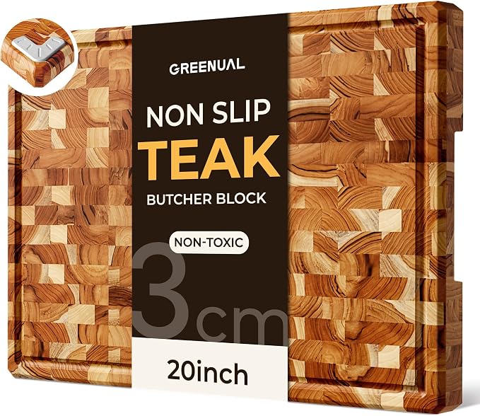Teak Wood Cutting Boards for Kitchen 20'' Extra Large Butcher Block End Grain Wooden Cutting Board with Juice Groove & Handle Heavy Duty Chopping Charcuterie Board Non Toxic Slip Serving KnifeFriendly