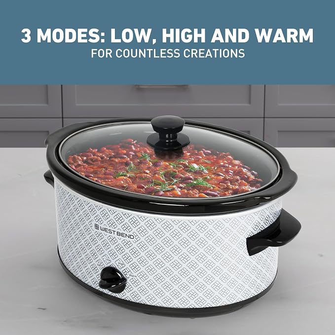 West Bend Slow Cooker 6-Quart Manual Crockery Style with Dishwasher Safe Oval Ceramic Crockpot and Glass Lid Two Temperature Settings Plus Keep Warm, 330-Watts, Silver