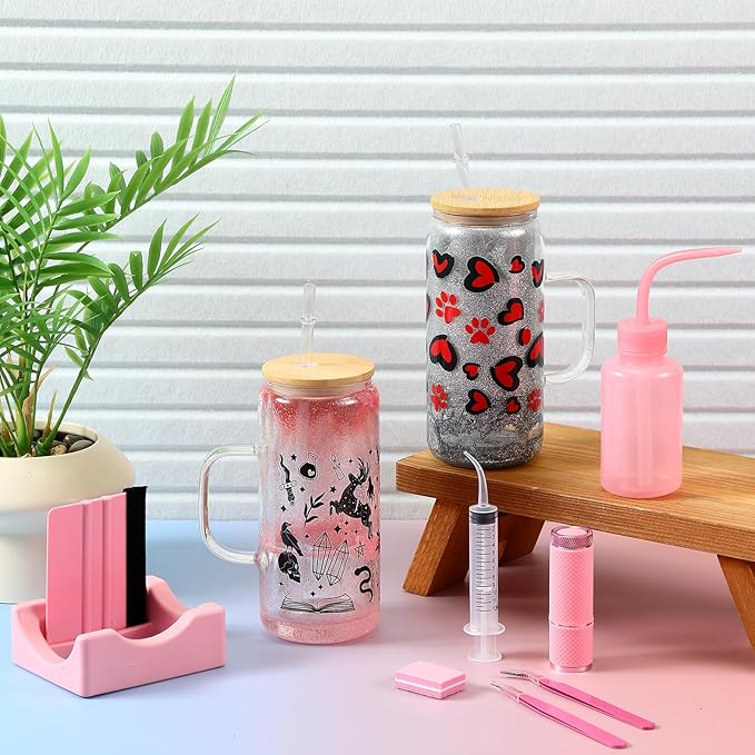 Baderke 20 Pcs Snow Globe Tumbler DIY Kit 16 oz Tumbler Squeeze Bottle, Glitter, Funnel Tweezer Silicone Cup Cradle Measuring Cup Glove Flashlight Buffer for Beginner(Pink,Special)