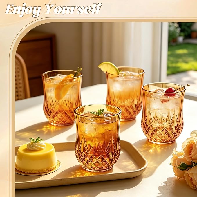 24 Pack Plastic Stemless Wine Glasses,12oz Unbreakable Vintage Elegant Drinking Glass Set,Reusable Fancy Cocktail Cups for Party, Wedding, and Bulk Events (24, 12oz-Amber)