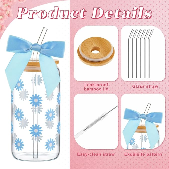 Suncalla 36 Pcs 6 Set Pastel Birthday Gifts for Women, Sleepover Spa Party Girls Trip Bachelorette Party Favors for 6 People, Daisy Glass Cup Bracelets Hair Bands Hair Clip Tote Bags Bows