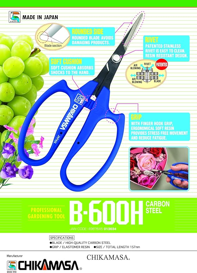 CHIKAMASA B-600H, The Specialty Trimming Precise Scissors, Carbon Steel, for trimming plants, harvesting vegetables and fruit, trimming.