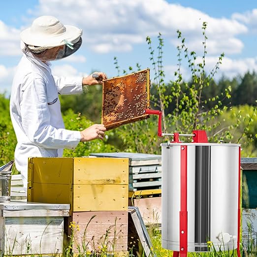 4 Frame Honey Extractor, Manual Stainless Steel Beekeeping Equipment, Honeycomb Drum Spinner with Transparent Lid & Adjustable Stand for Apiary Home Kitchen