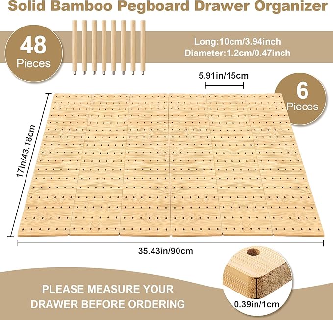 Kigley 6 Pcs Wood Pegboard Drawer Organizer with 48 Pegs Wooden Peg Board System Peg Drawer Organizers for Kitchen Dishes Plate Pegboard Food Containers (17x5.91,Bamboo)