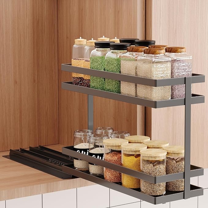 Mustorn Pull Out Spice Rack Organizer for Cabinet, 2 Tier Metal Slide Out Seasoning Organizer and Storage Heavy Duty Vertical Spice Rack Shelf Pullout for Kitchen Cabinets No Drilling(1 Pack, Black)