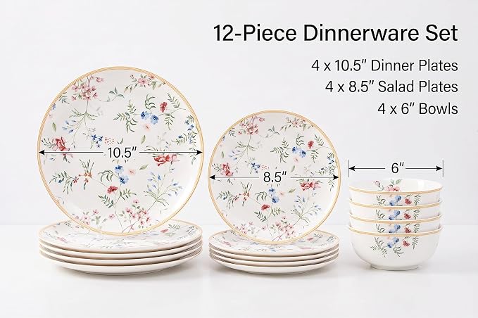 FHGNYSM Delicate Floral Dinnerware Set for 4,12-Piece Porcelain Lightweight Plates and Bowls Sets with Fine Sprigs and Blossoms, Ceramic Kitchen Dinner Set with Thin Gold Rim(English Garden Style)