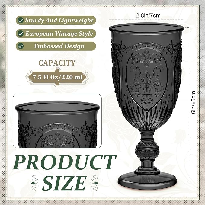 Wiwiqing 24 Pcs Plastic Goblets 7.5oz Vintage Goblet Plastic Wine Glasses Colored Retro Embossed Water Goblets for Wine Bar Juice Baby Shower Wedding Reception Grand Event Party (Black)