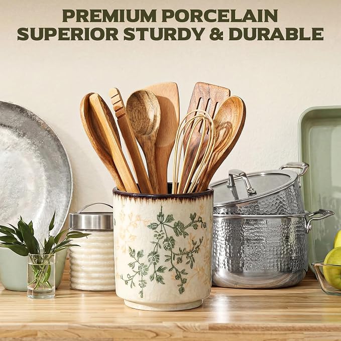 Kitchen Ceramic Utensil Holder Rustic 5.5" Brown Green Floral Utensil Crock for Countertop Tuscany Cooking Tools Storage Caddy for Spatula Spoon Farmhouse Decor Housewarming Gift
