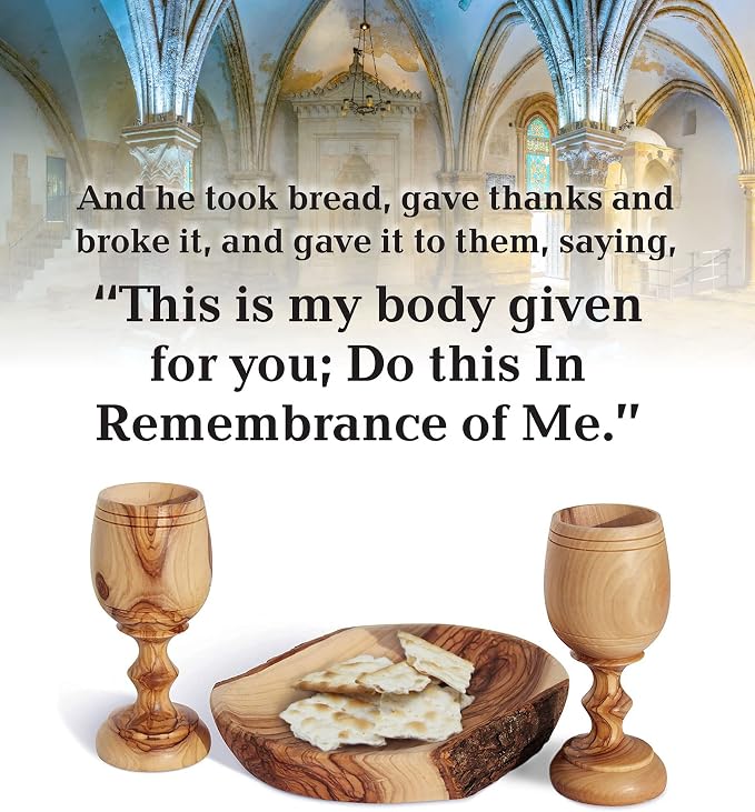 2 Small Communion Cups with Natural Olive Wood Bread Plate – Hand-Carved Kiddush Set for Church, Ministry & Worship – Includes Certificate of Origin