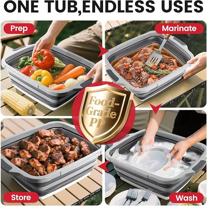 BBQ Prep Tub 3-IN-1 Large 16L Collapsible Cutting Board with Locking Lid for Meal Prep Marinating Food, Camping Sink with Colander, Dish Basin, Storage Blanket for Camping Picnic BBQ, Black