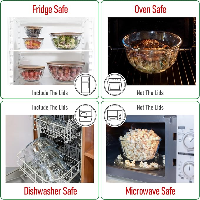 Large Stackable Set of 5 Nesting Glass Bowls with Acacia Lids for Foodprep, Storage, Baking, Sourdough Mixing & Cooking. Microwave & Oven Safe Heat Resistant Inert Borosilicate Glass