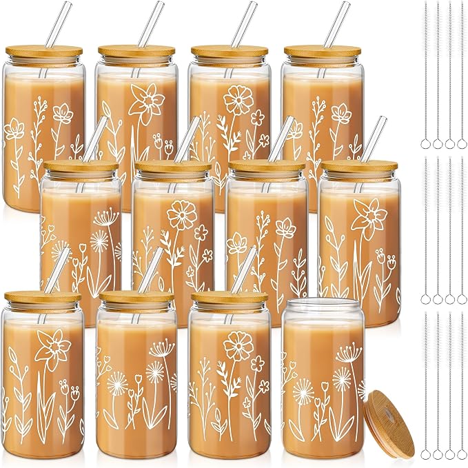 Mumufy 12 Pack Glass Cups Gift Aesthetic Cute Glass Cup Tumbler Flower Iced Coffee Mugs 16 oz with Bamboo Lid & Straw, for Wedding Birthday Bridesmaid Mom Baby Shower