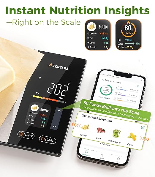 Atogou Smart Food Kitchen Scale with Nutrition Calculator, Color Display & Free App, Precise Portion Control, Calorie & Macro Tracking for Weight Loss & Meal Prep Black