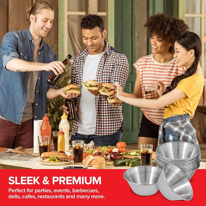 1.5 oz Stainless Steel Condiment Cups (12 Pack), Individual Portion Dipping Sauce Cups, Small Metal Ramekins for Ketchup, Marinara, BBQ Sauce, and More! Reusable Condiment Cups for Restaurants