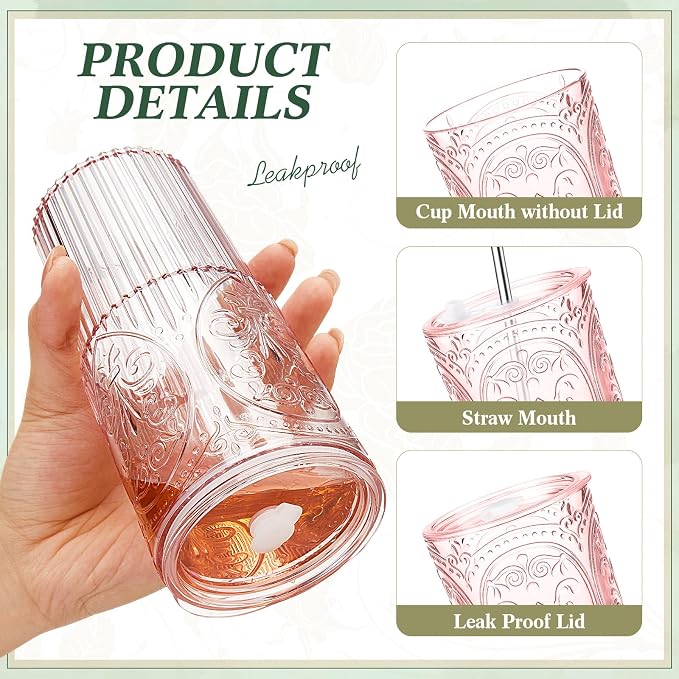 4 Set 20oz Vintage Plastic Tumbler with Lids and Straws Ribbed Floral Drinking Glasses Reusable Iced Coffee Cups for Water Juice Smoothie Cocktail Travel Party Events Gift (Pink)