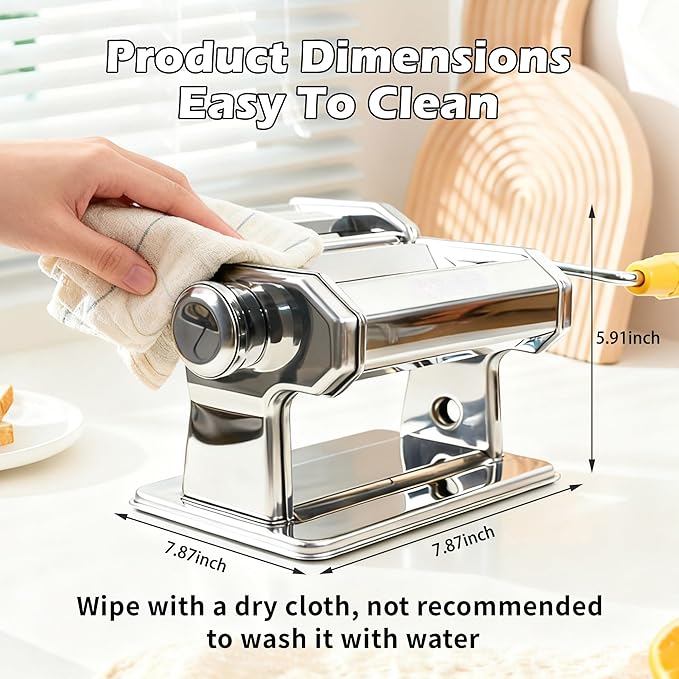 Pasta Maker Machine With 7 Adjustable Thickness Settings, Stainless Steel Manual Noodle Maker,Pasta Roller& Cutters With Removable Handle and Clamp For Kitchen