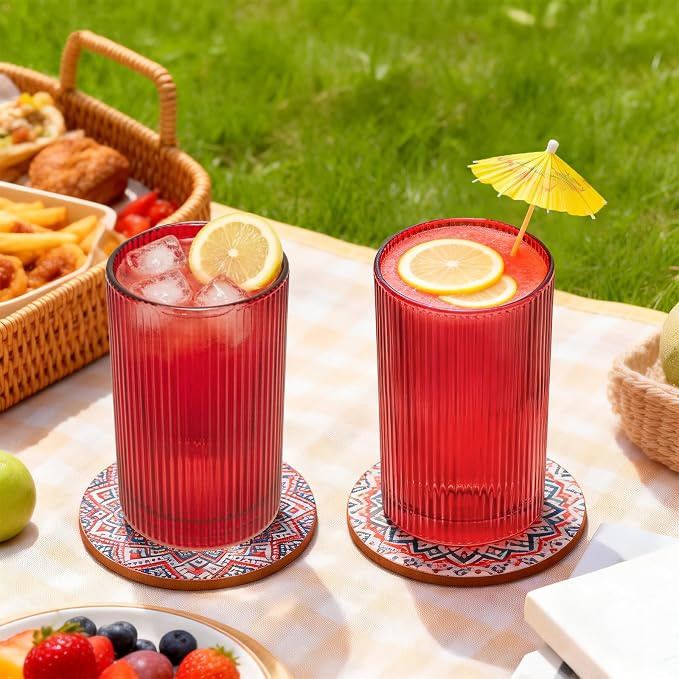 18 oz Ribbed Drinking Glasses Set of 6, High Clear Vintage Iced Coffee Cups Elegant Glassware, Highball Glass Cups Ridged Glass Tumbler for Cocktail, Whiskey, Beer, Water, Juice, Origami Style Red